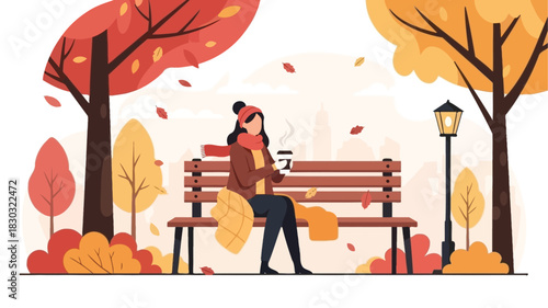 Flat vector autumn scene of people sitting on a park bench holding coffee, falling leaves and cozy outdoor seasonal atmosphere.