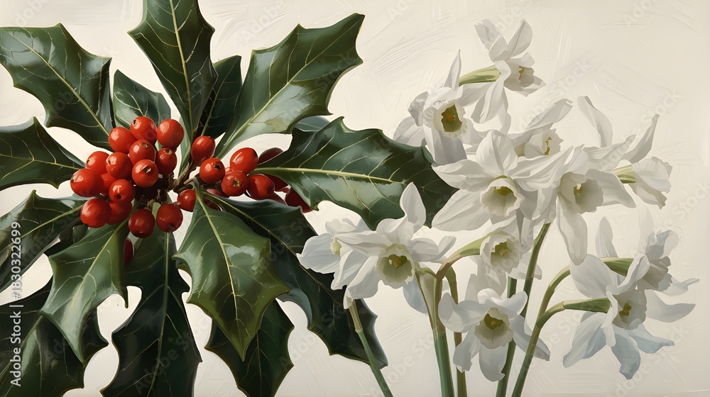 Fototapeta premium Christmas Holiday Arrangement: Realistic Acrylic Painting of Holly and Narcissus