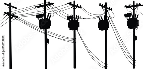 Utility pole silhouettes, transformer grid vector, power line network illustration, electrical infrastructure graphic, flat vector, black outline, energy system