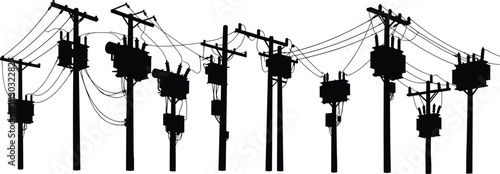 Utility pole silhouettes, transformer network vector, power line infrastructure, electrical grid illustration, energy distribution system, flat vector, black outline