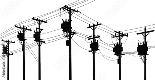 Utility pole silhouettes, transformer vector set, power line illustration, electrical grid components, energy distribution graphic, flat vector, black outline