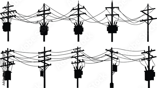 Utility pole silhouettes, transformer configurations, power line vector set, electrical infrastructure illustration, energy grid icons, flat vector, black outline