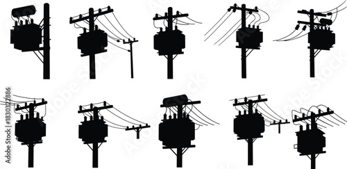 Utility pole silhouettes, electrical infrastructure icons, transformer vector set, power line illustration, energy distribution graphic, flat vector, black outline