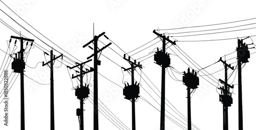 Utility pole network, electrical transformer silhouettes, power line grid illustration, energy infrastructure vector, flat vector, black outline, distribution system