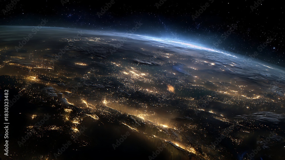 Fototapeta premium Planet Earth illuminated by widespread city lights viewed from orbital altitude during nighttime