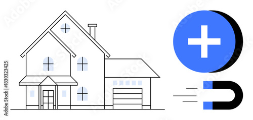 Energy efficiency concept. Energy efficiency through a modern home and magnetic flow symbol for sustainable energy. Energy efficiency for green homes, renewable sustainability, technology