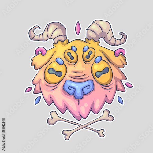 A colorful, cartoonish creature with four eyes, horns, and crossed bones below, resembling a playful monster. Cartoon vector character. Trendy style. Vector illustration.