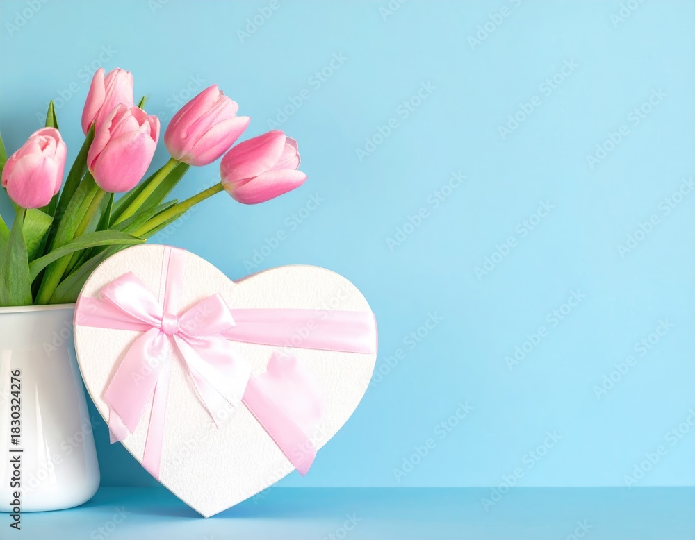 Fototapeta premium Pink tulips with a heart box on light blue