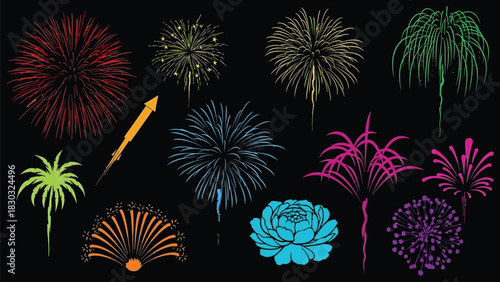 Vector Set of Fireworks on Black Background