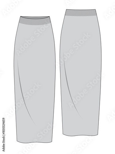 Pencil knit skirts front and back view design technical flat sketch vector mockup template.