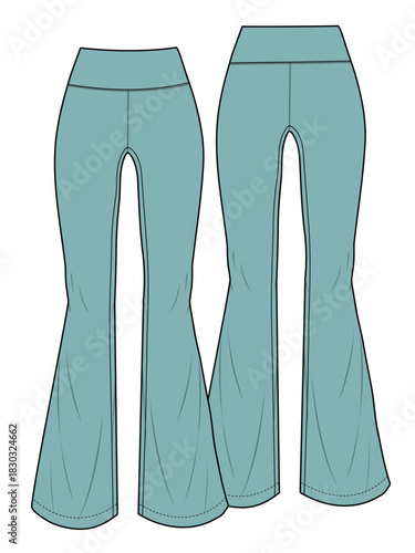 Flare jeggings front and back view design technical flat sketch vector mockup template.