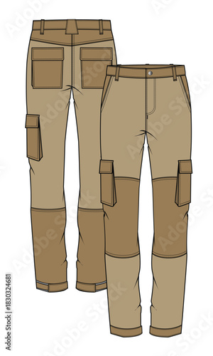 Male cargo pant front and back view design technical flat sketch vector mockup template.