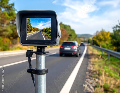 Close-up of a speed camera monitoring traffic on a sunny highway