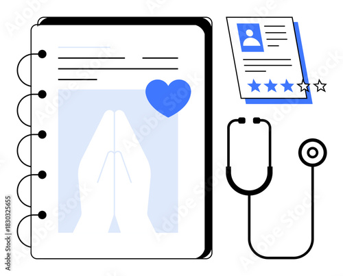 Notebook with heart icon, patient profile with rating stars, and stethoscope. Ideal for health care, wellness, patient management, diagnosis, record-keeping, medical reviews and empathetic care