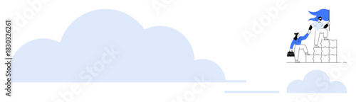 Leader helps teammate climb stacked blocks towards success with teamwork focus, mountain-thumbs up challenge. Ideal for leadership, teamwork, success, growth, ambition, achievement guidance. Simple