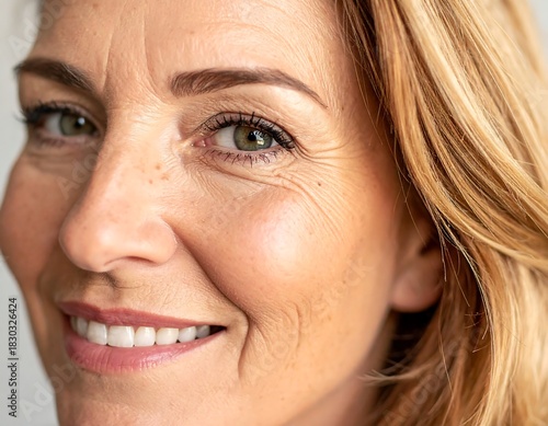 Close-up of a smiling woman showing wrinkles around her eye