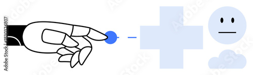 Robotic hand touching a blue dot, connecting to a cross and neutral human face. Ideal for AI ethics, collaboration, technology impact, health care, robotics, digital transformation, artificial