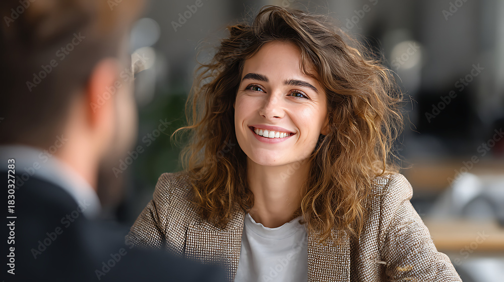 Fototapeta premium confident smiling woman meeting a manager in a modern office for a job interview showing professional behavior warm communication and an attentive posture during a career conversation at the work desk
