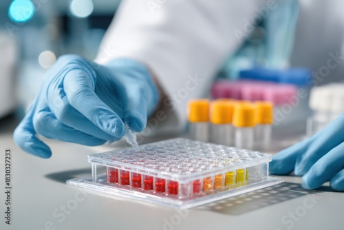 Doctor conducts elisa analysis using microplate with multiple colorful samples in laboratory setting