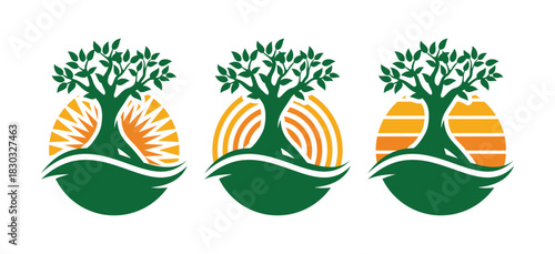 Elegant emblem featuring a stylized tree with sun rays and curved landscape, shown in full color and monochrome versions. Perfect for eco brands, nature organizations, farms, and wellness identities.