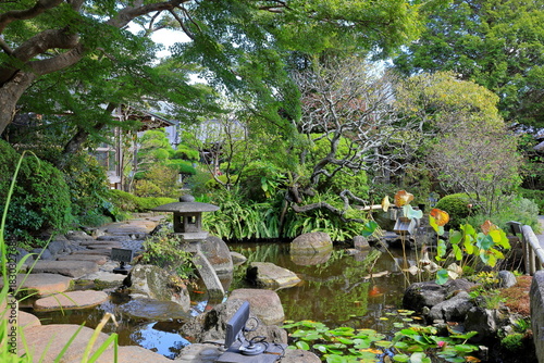 Hasedera, a Buddhist temple and gardens with a huge wooden statue of the god Kannon in Kamakura, Kanagawa, Japan