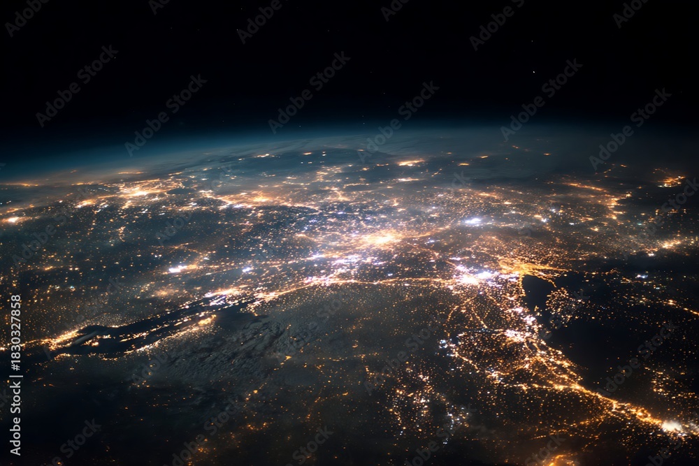 Fototapeta premium Illuminated urban sprawl stretches across a continent's surface viewed from high altitude during the night