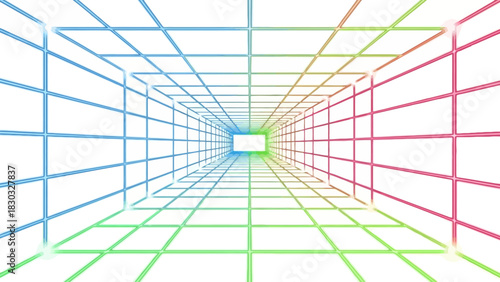 Abstract perspective grid tunnel colorful wireframe illustration geometric vector design on white background