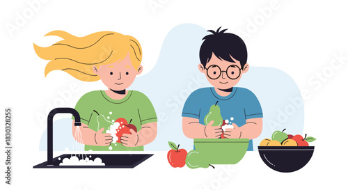 Children washing fruits and vegetables together for healthy eating.