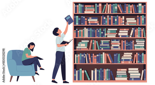 People in a library searching for books and reading.