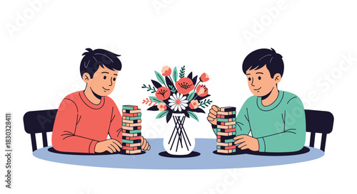 Two boys playing a game at a table with flowers.