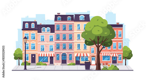 Colorful buildings with shops and trees on the street.