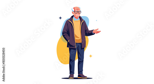 Elderly man in casual attire gesturing with his hand.