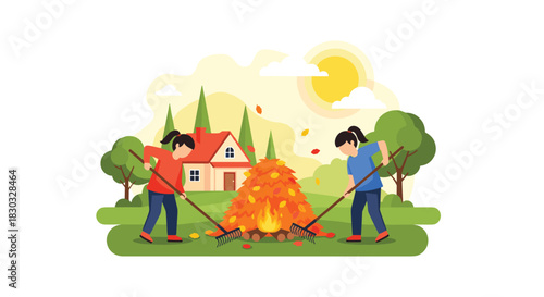 People Raking Leaves into a Pile in Autumn Season.