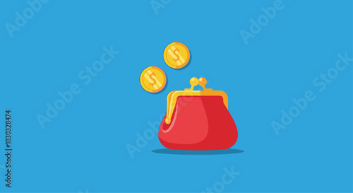 Red Purse with Golden Coins Floating on Blue Background.