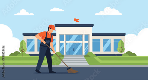 Custodian sweeping in front of a building.