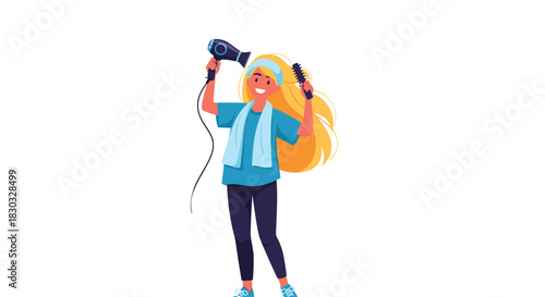 Woman drying hair with a hairdryer after shower.