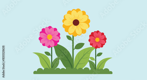 Three colorful flowers blooming in a beautiful garden setting.