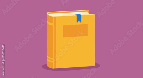 Yellow Book with Blue Bookmark on Purple Background.