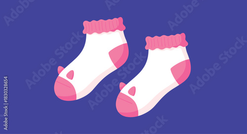 Pair of cute pink and white socks on a blue background.