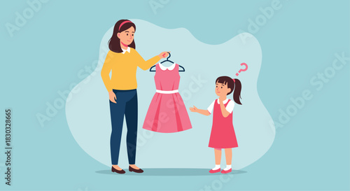 Mother and daughter choosing a pink dress together.