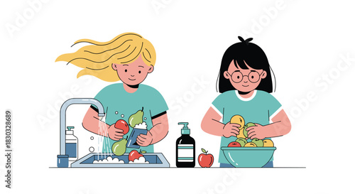 Two girls washing fruits and vegetables in the kitchen sink.