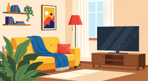 Cozy living room with television and comfortable sofa.