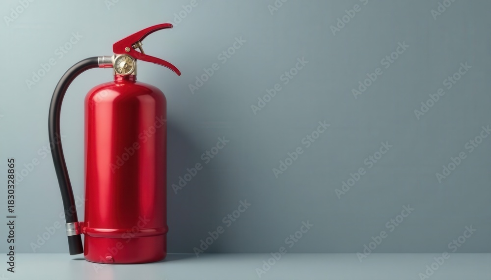 Obraz premium Sleek metallic fire extinguisher on a grey background, equipment, fire suppression