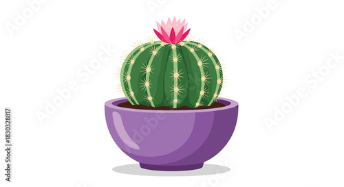 Cactus in a purple pot with a pink flower, isolated on white.