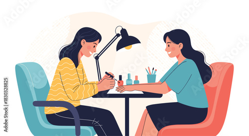Woman getting manicure at salon, nail polish application, beauty treatment.