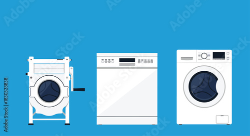Washing machines of different types and designs on blue background.
