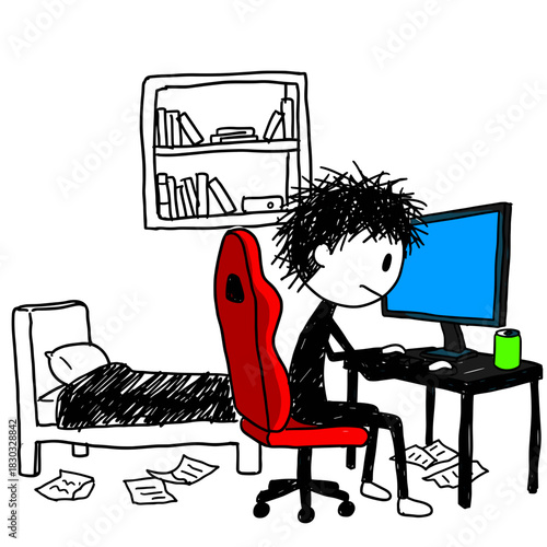 Young man working on a computer in messy bedroom with papers  