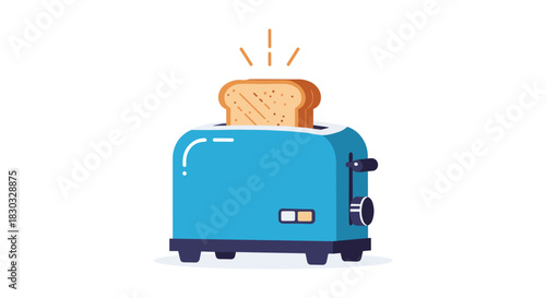 Blue toaster with toasted bread popping up, kitchen appliance.