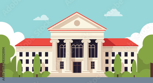 Classical architecture building with columns and red roof.