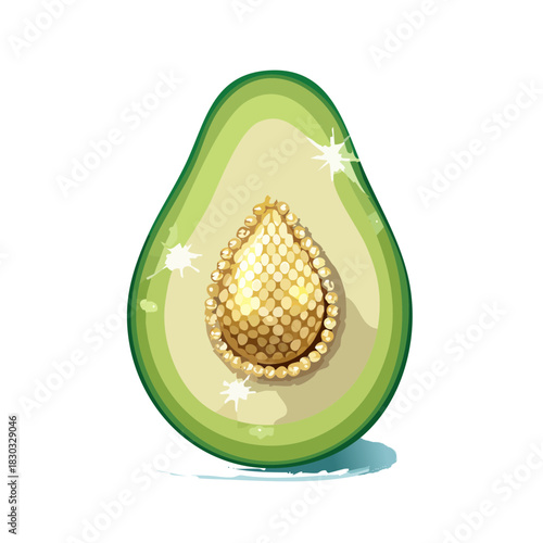 A ripe avocado cut in half revealing its pit in a simple illustration style